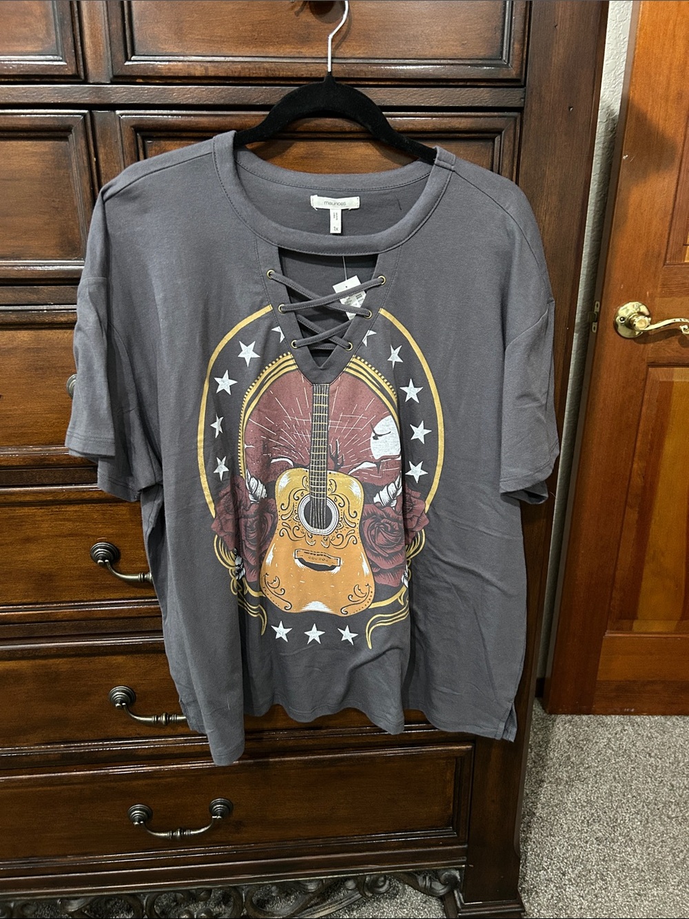 Maurices Charcoal Gray Lace-Up Guitar Graphic Tee